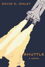 A poster of a space shuttle flying through the air.