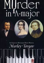 Murder in A-Major A book cover with three people in front of piano keys.